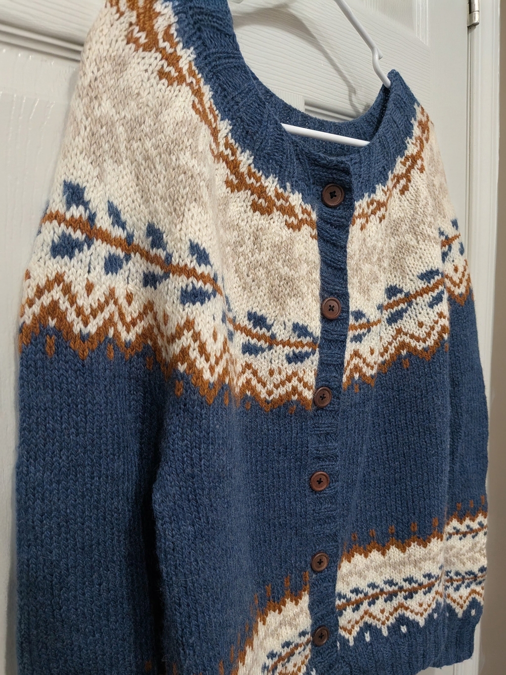 Hand Knit Blue Fair Isle Button-Up Sweater Cardigan - Picture 3 of 10